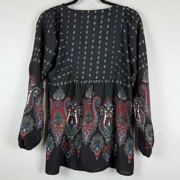 Art And Soul Top Women Small Black Red Paisley Split Neck Long Sleeve Tunic Boho - Picture 5 of 7
